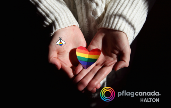 Image of a rainbow paper heart with Pflag Canada Halton logo